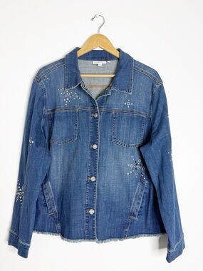 Chico’s Embellished Denim Jacket Size 4 XXL Blue Jean Jacket Studded Stars